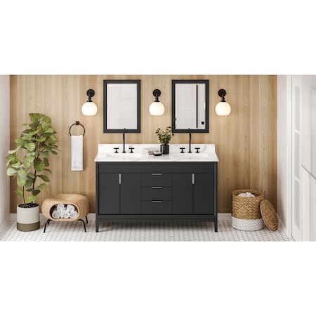 Jeffrey Alexander 60In. Black Theodora Vanity, Dbl Bowl, Calacatta Vienna Quartz Vanity Top, 2 Undrmnt Rctngl Bowls VKITTHE60BKCQR